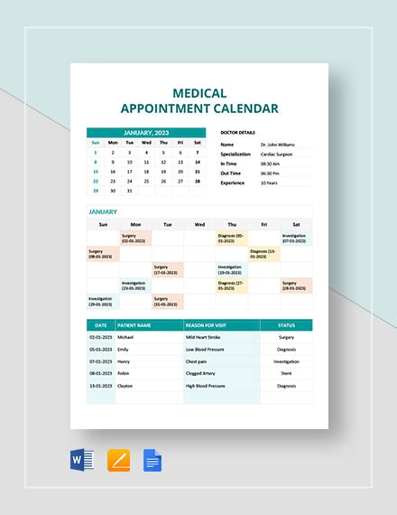 Free Medical Appointment Calendar Template Word Google Docs Apple