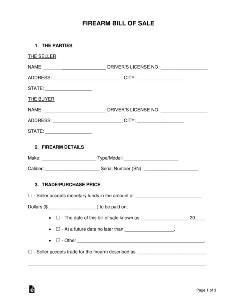 Free Michigan Firearm Bill Of Sale Template Pdf Word Eforms