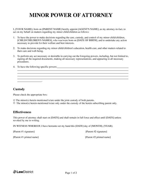 Free Minor Power Of Attorney Pdf Word Template Lawdistrict