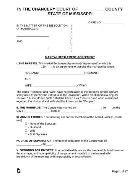 Free Mississippi Marital Settlement Divorce Agreement Word Pdf Eforms