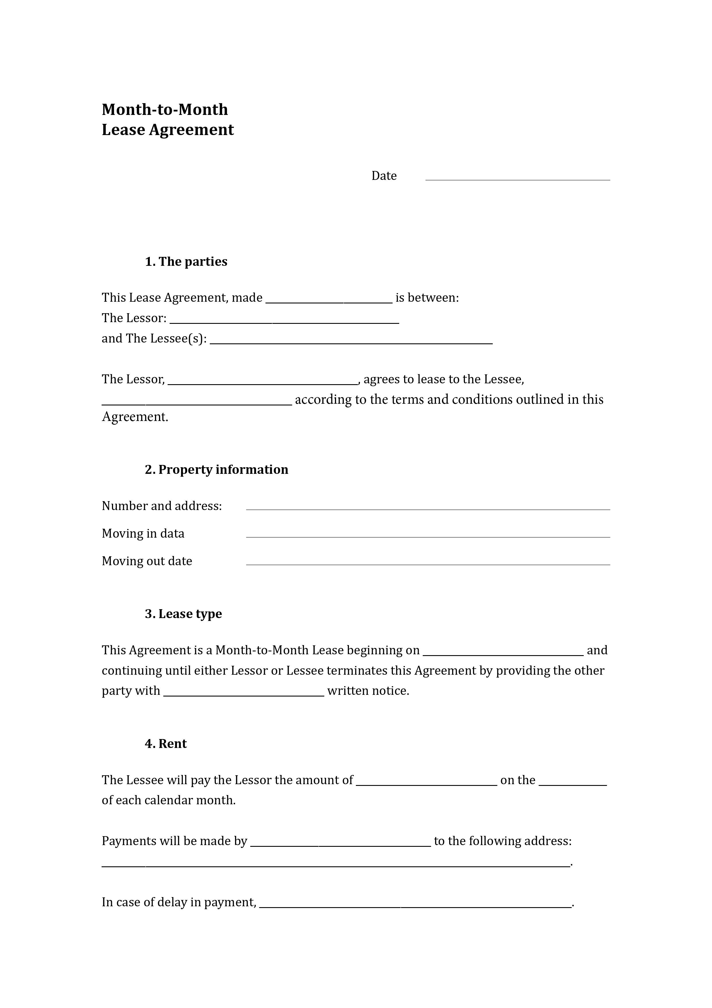 Free Month To Month Lease Agreement Forms Pdf Word