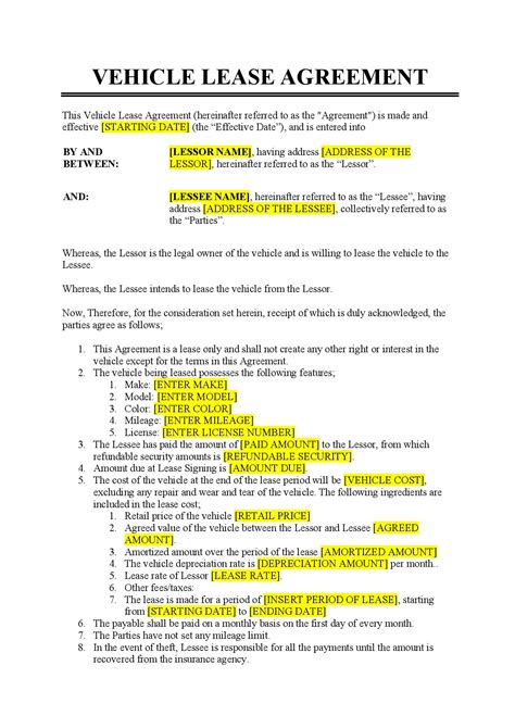 Free Motor Vehicle Lease Agreement Template Printable Form Templates