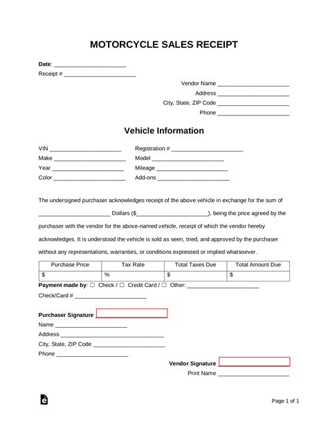 Free Motorcycle Sales Receipt Template Pdf Word Eforms