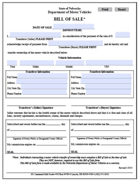 Free Nebraska Bill Of Sale Forms 5 Pdf