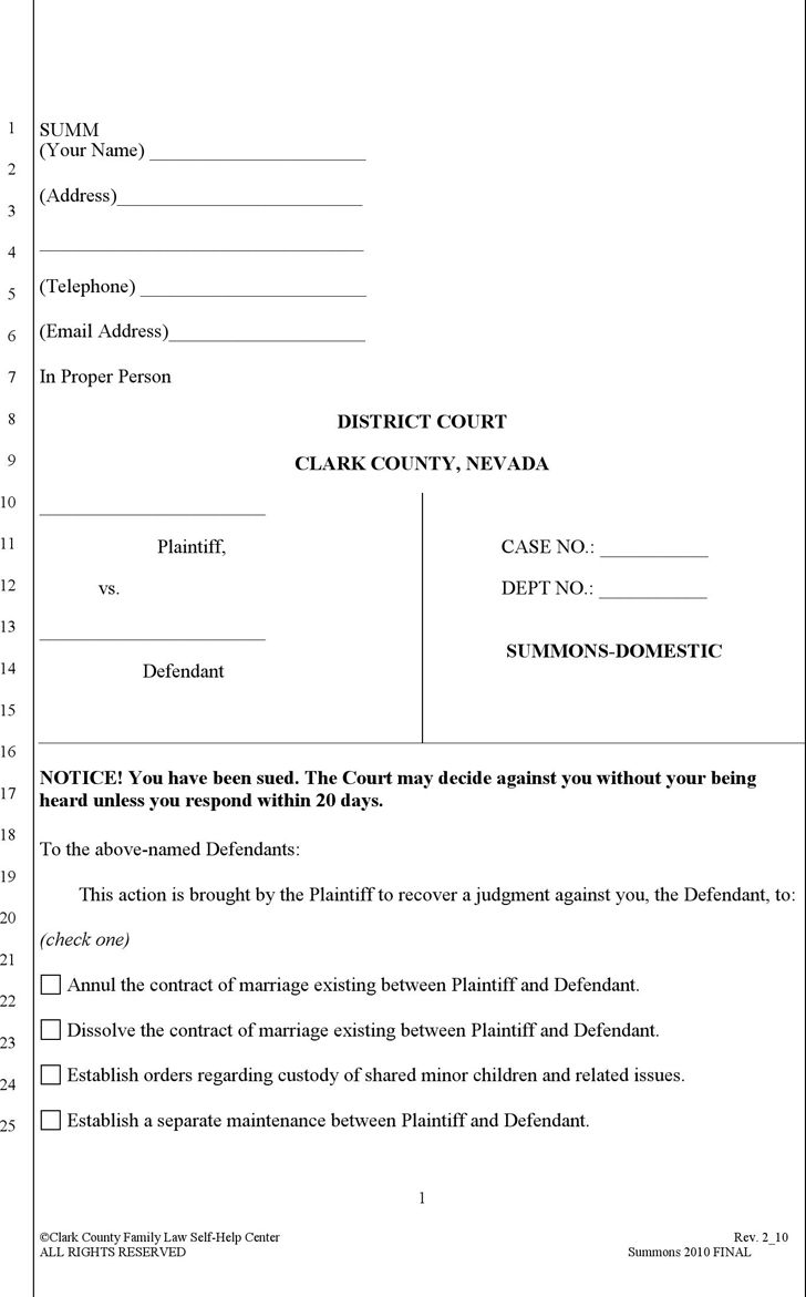 Free Nevada Summons Form Pdf 18Kb 2 Page S