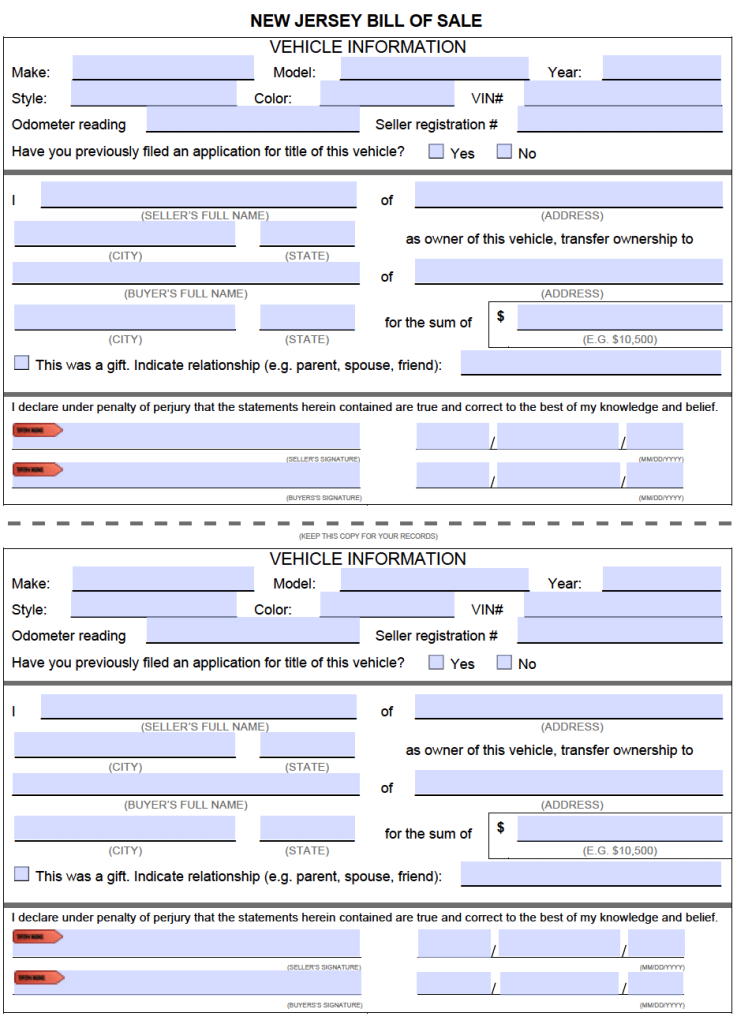 Free New Jersey Motor Vehicle Bill Of Sale Form Word Pdf Eforms