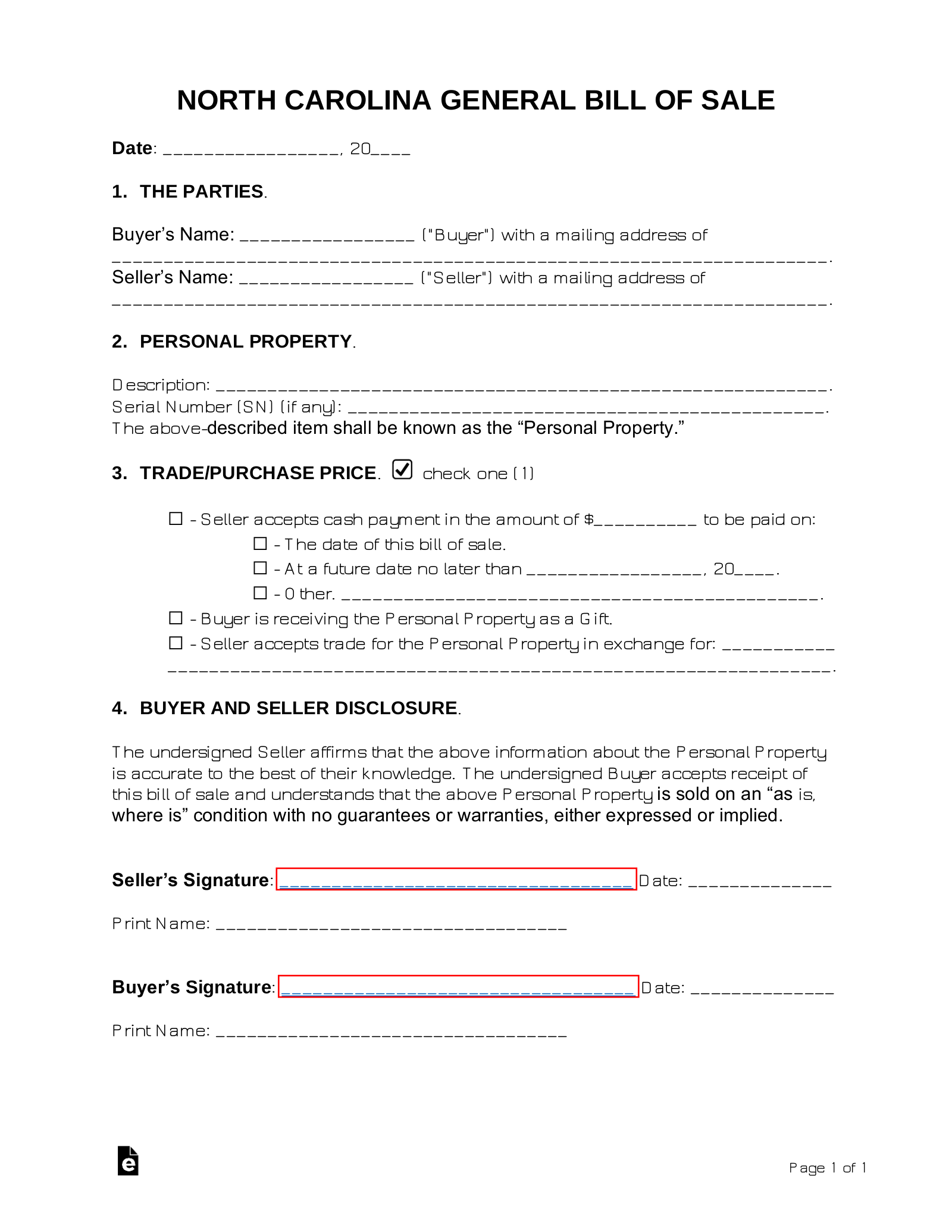 Free North Carolina Bill Of Sale Forms 5 Pdf Word Rtf