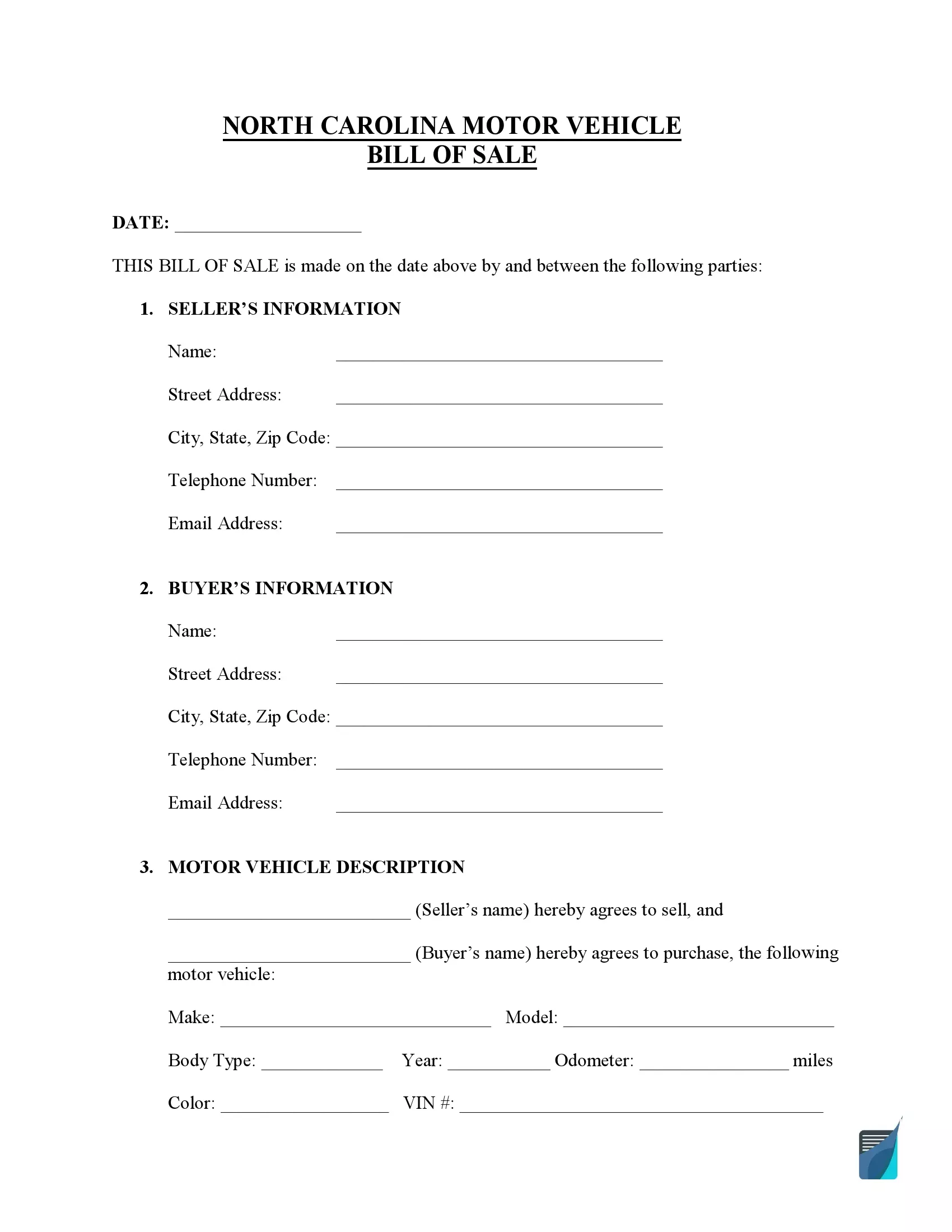 Free North Carolina Bill Of Sale Forms Pdf