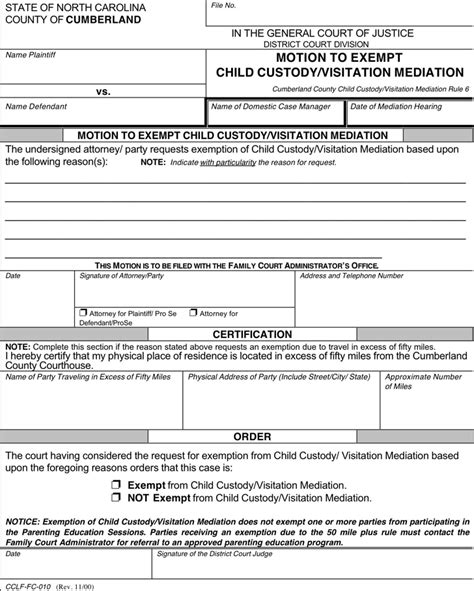 Free North Carolina Child Custody Form Pdf 29Kb 1 Page S