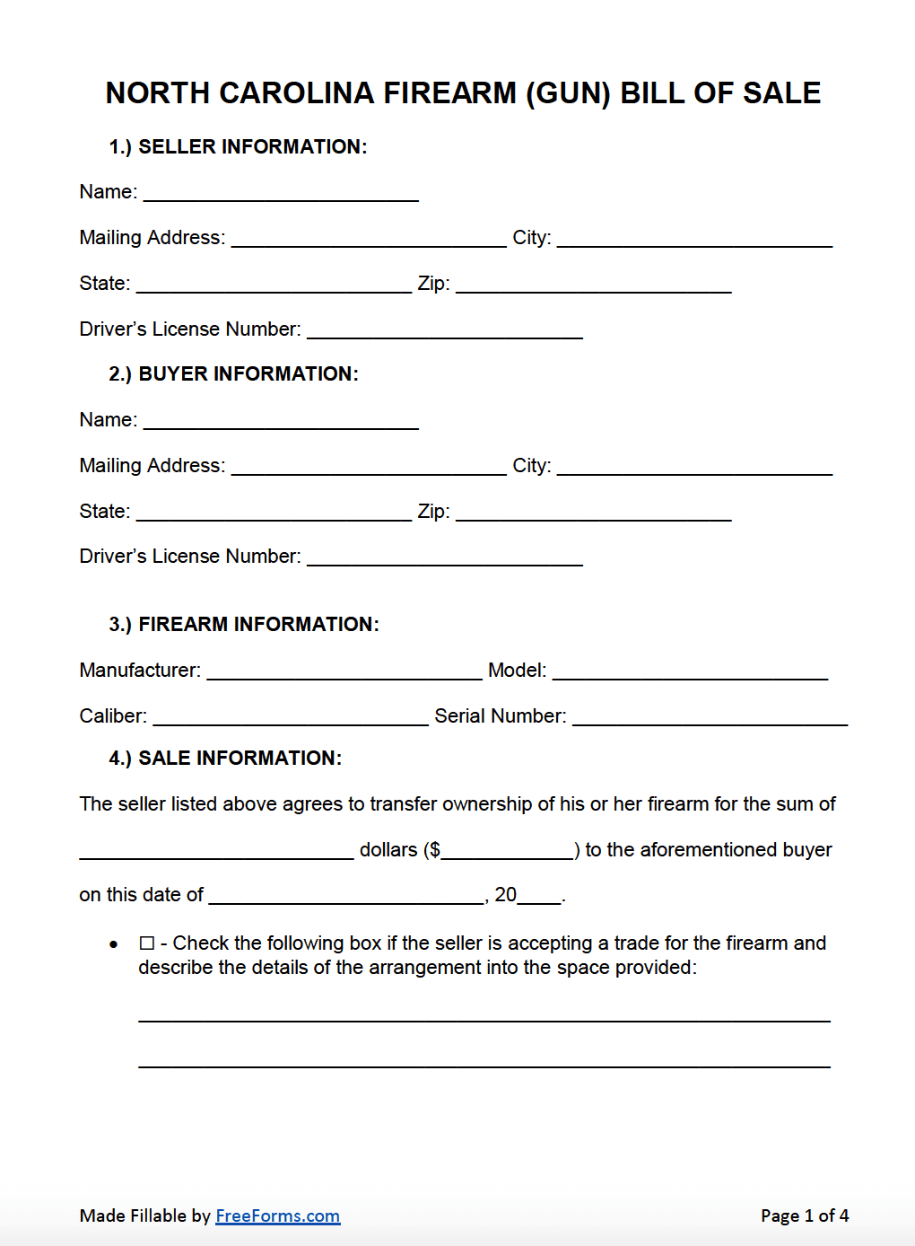 Free North Carolina Firearm Bill Of Sale Form Pdf Word Doc