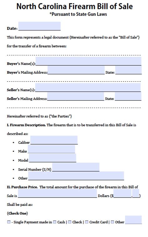 Free North Carolina Firearm Bill Of Sale Form Pdf Word