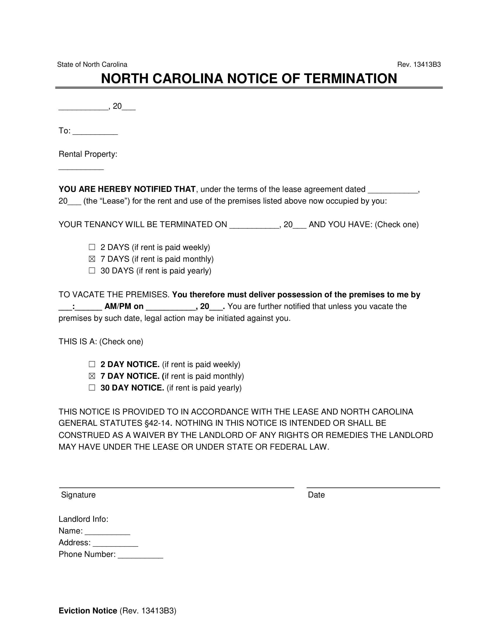 Free North Carolina Lease Termination Letter Form 30 Day Notice