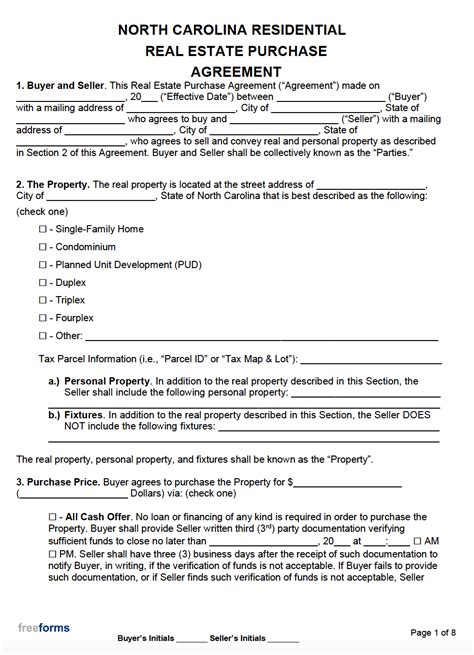 Free North Carolina Real Estate Purchase Agreement Template Pdf Word