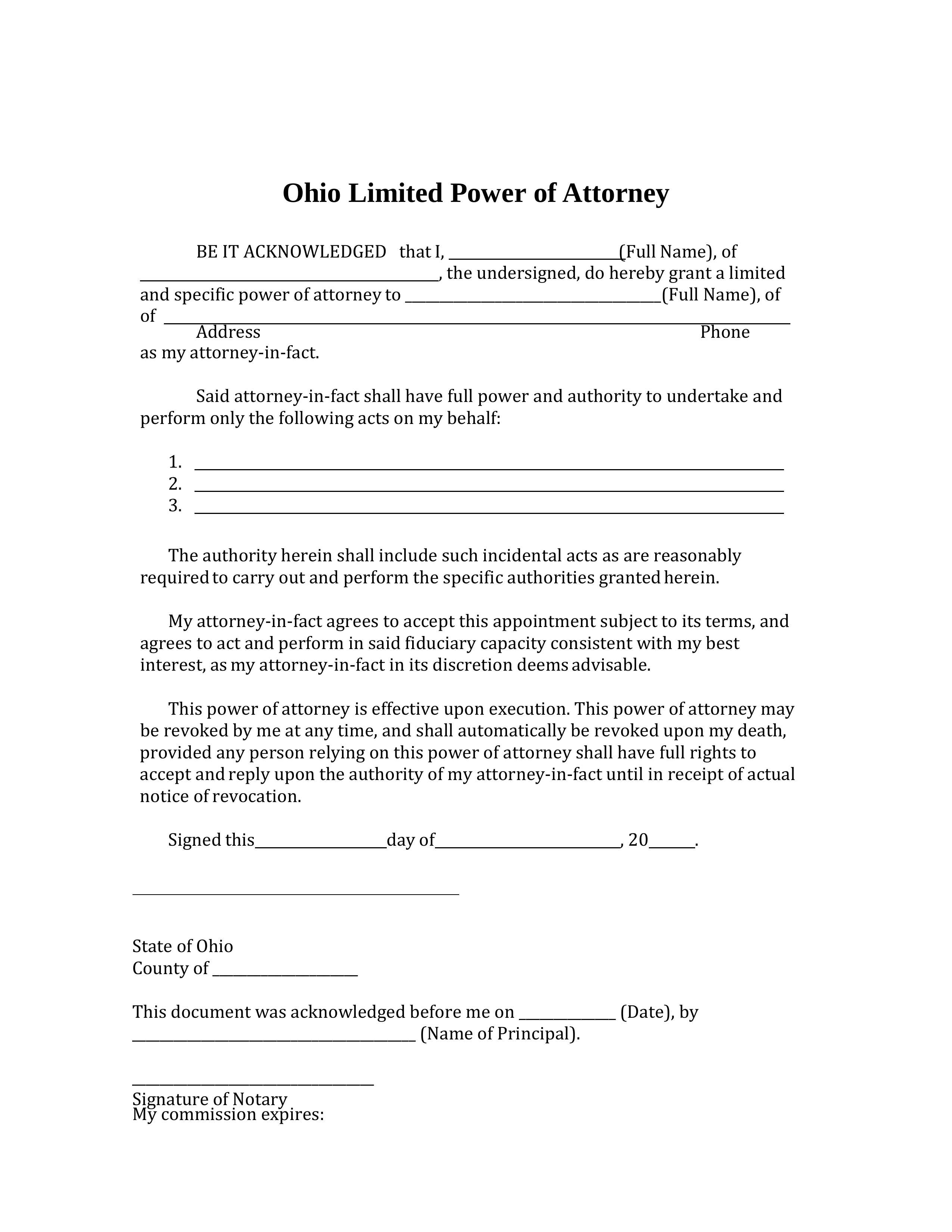 Free Ohio Limited Power Of Attorney Form Pdf Word Eforms