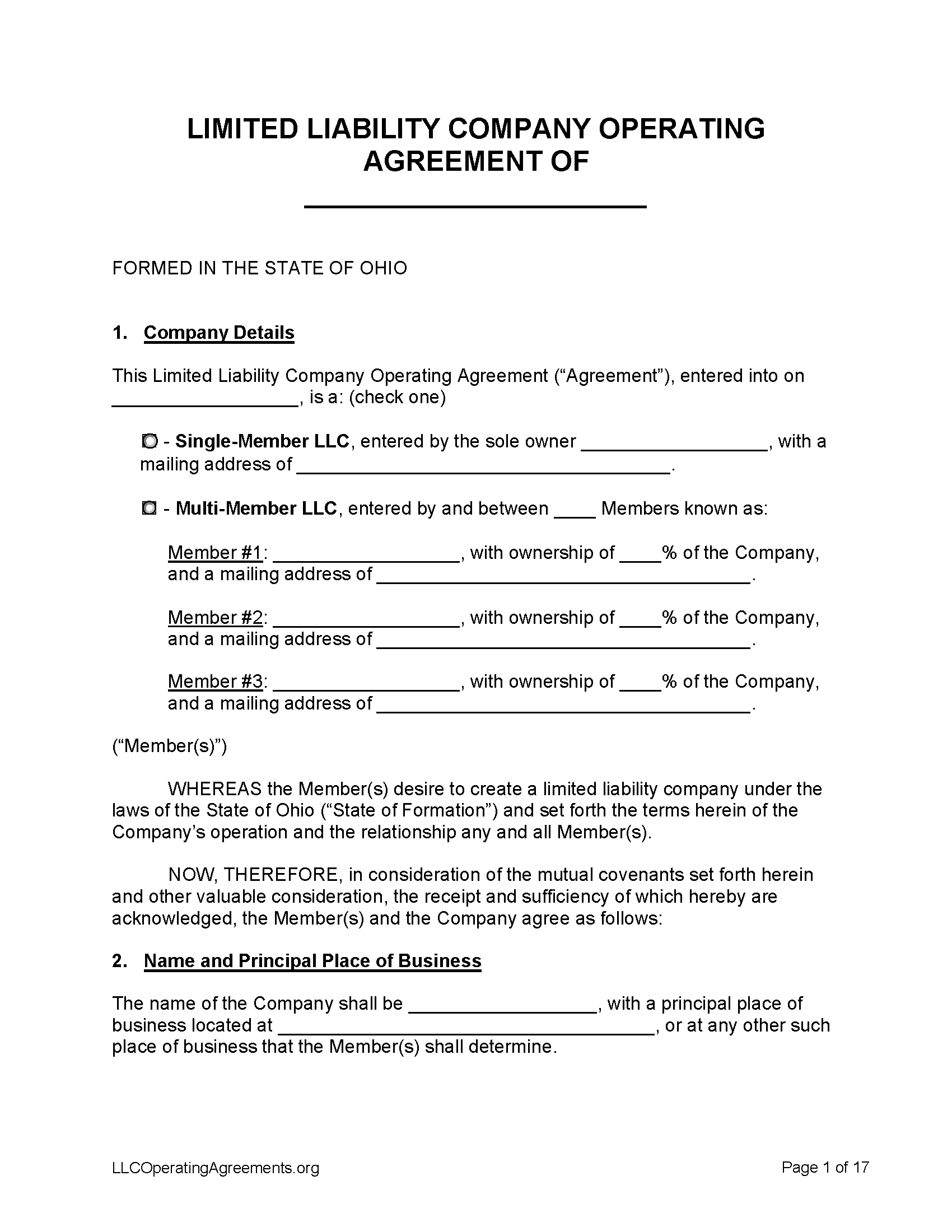 Free Ohio Llc Operating Agreements 2 Pdf Word Eforms