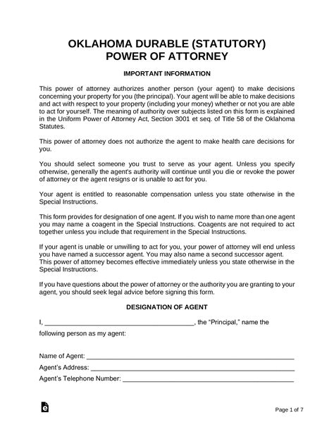 Free Oklahoma Power Of Attorney Forms 10 Types