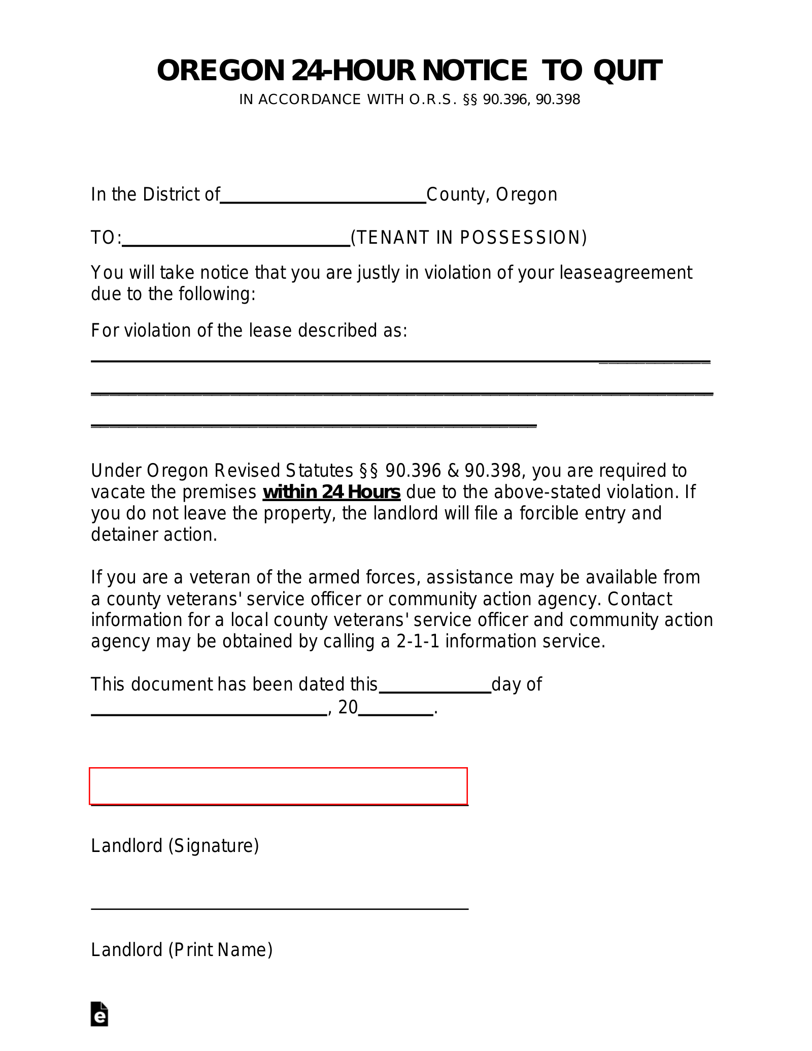 Free Oregon 24 Hour Notice To Quit Form Danger Illegal Activity Pdf