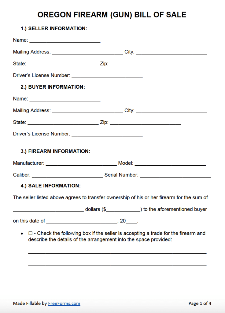 Free Oregon Firearm Gun Bill Of Sale Form Pdf Word Doc