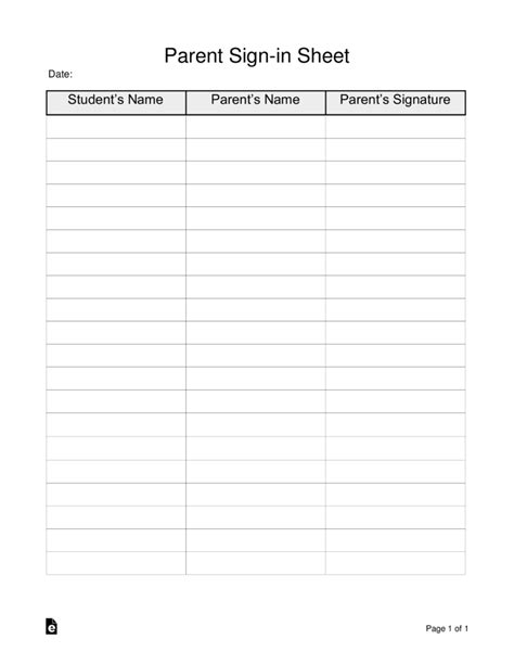 Free Parent Sign In Sheet Template Pdf Word Eforms