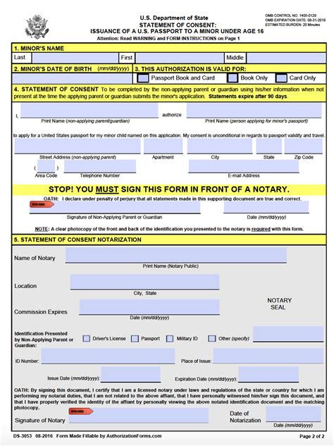 Free Passport Parental Consent Forms Form Ds 3053