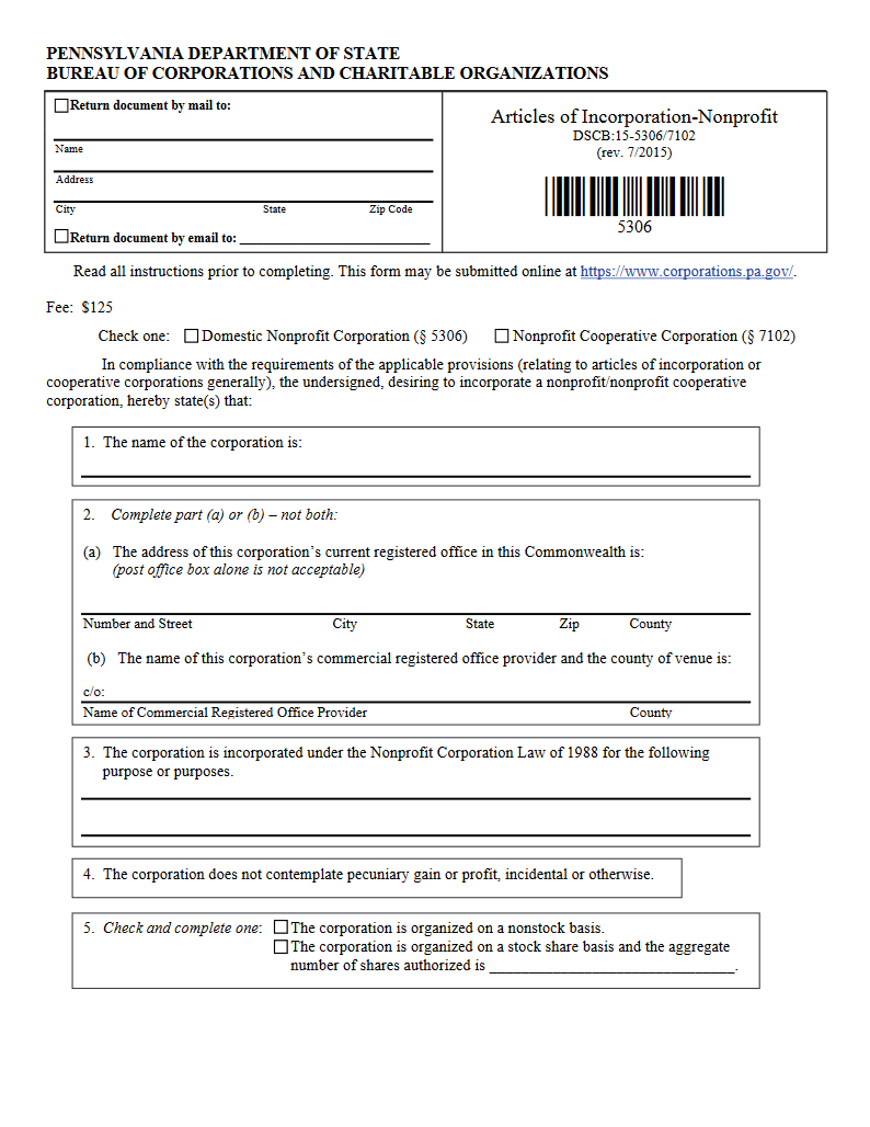 Free Pennsylvania Articles Of Incorporation Nonprofit Corporation