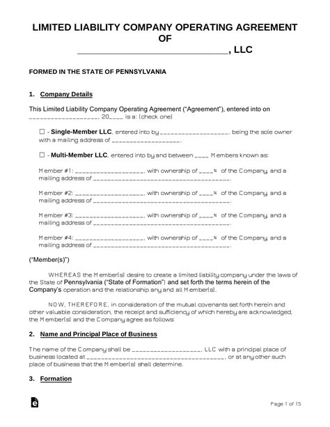 Free Pennsylvania Llc Operating Agreements 2 Pdf Word Eforms