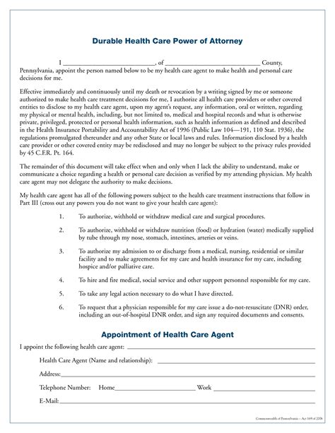 Free Pennsylvania Medical Power Of Attorney Form Pdf Eforms