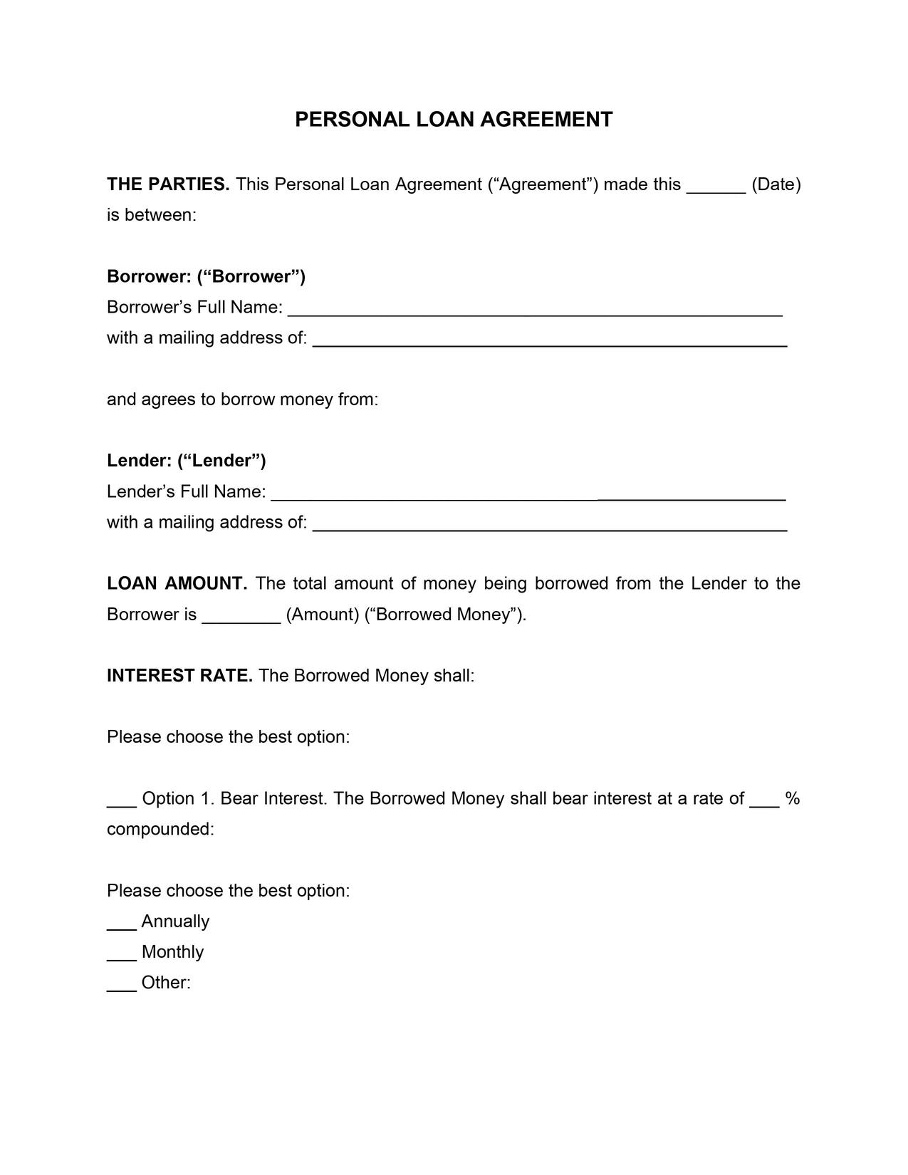 Free Personal Loan Agreement Template Sample Pdf Word Eforms