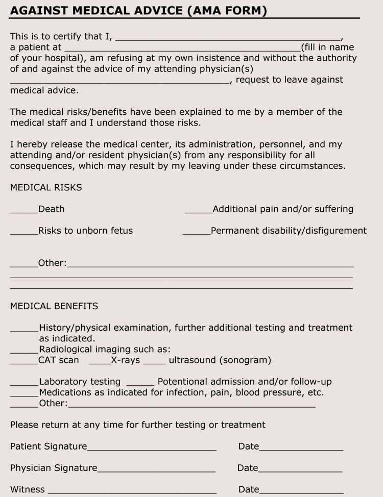 Free Printable Against Medical Advice Form Templates Pdf