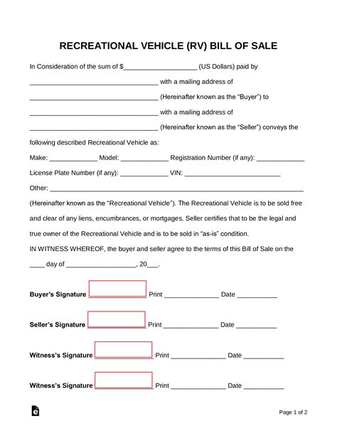 Free Printable Bill Of Sale For Rv Form Generic