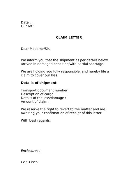 Free Printable Claim Letter Templates Pdf Word Examples