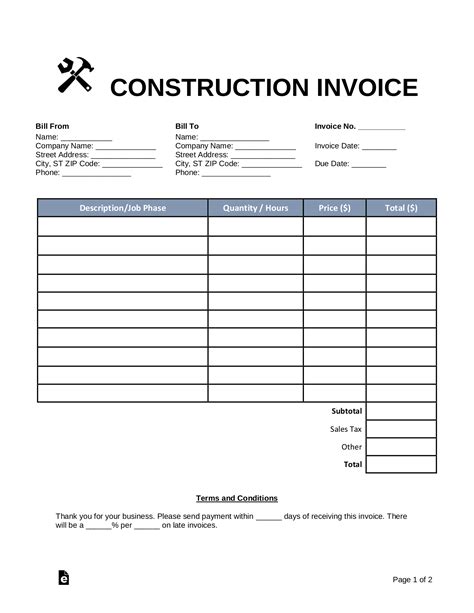 Free Printable Construction Invoice Template