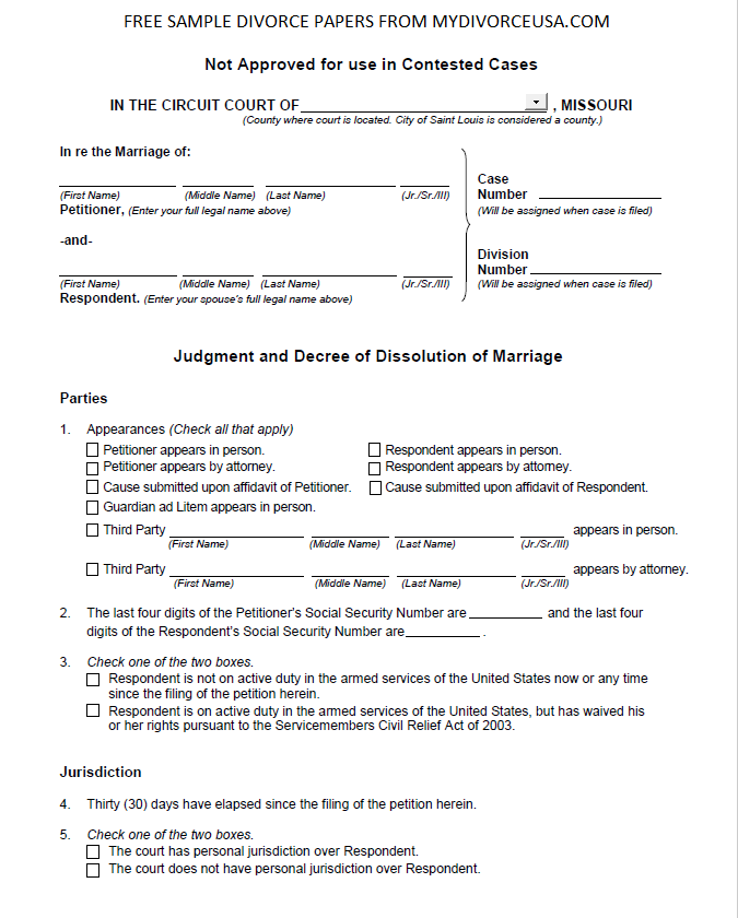 Free Printable Divorce Papers Missouri Printable Divorce Papers