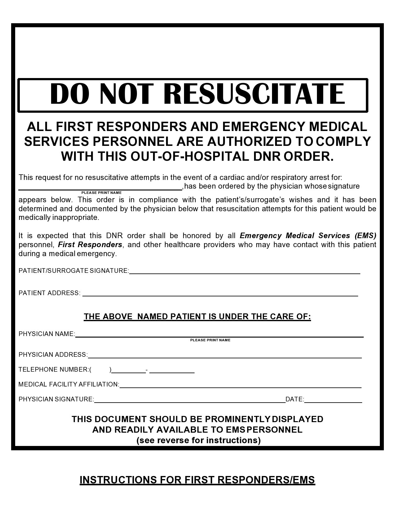 Free Printable Do Not Resuscitate Dnr Order Form Pdf Word