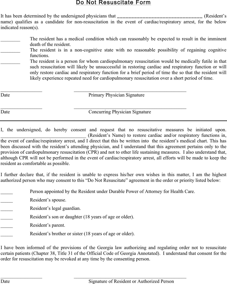 Free Printable Do Not Resuscitate Form Printable Forms Free Online