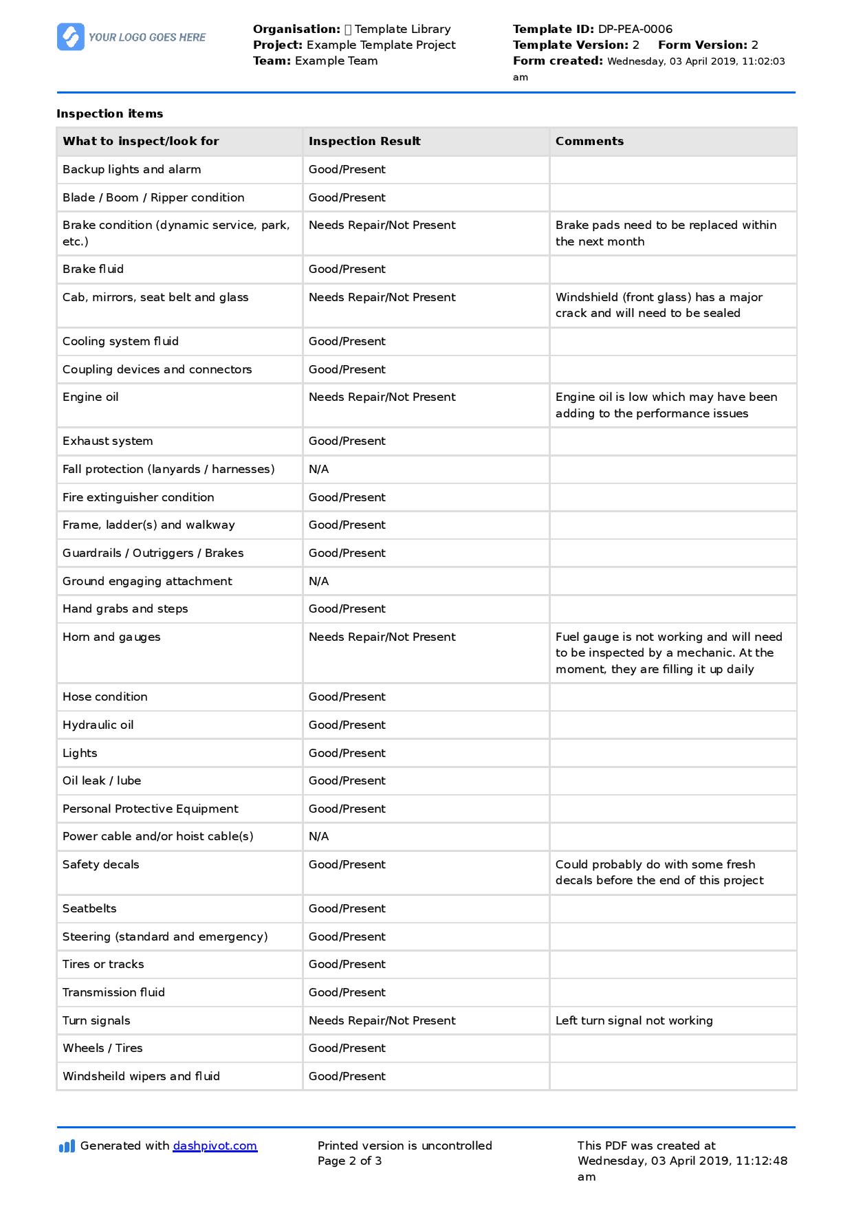 Free Printable Equipment Inspection Checklist