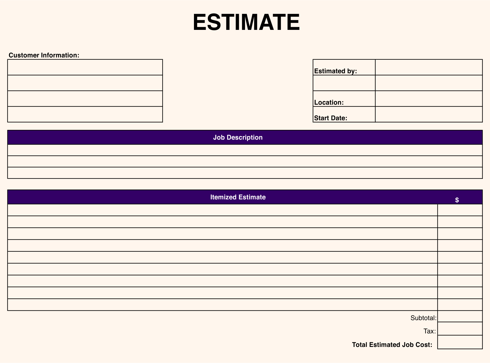 Free Printable Estimate Forms For Contractors