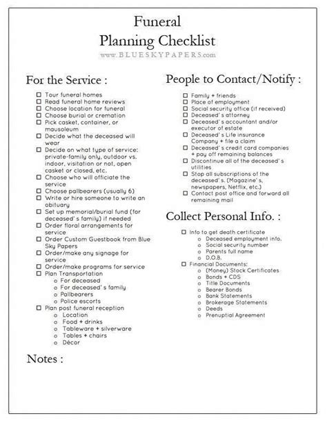 Free Printable Funeral Planning Checklist