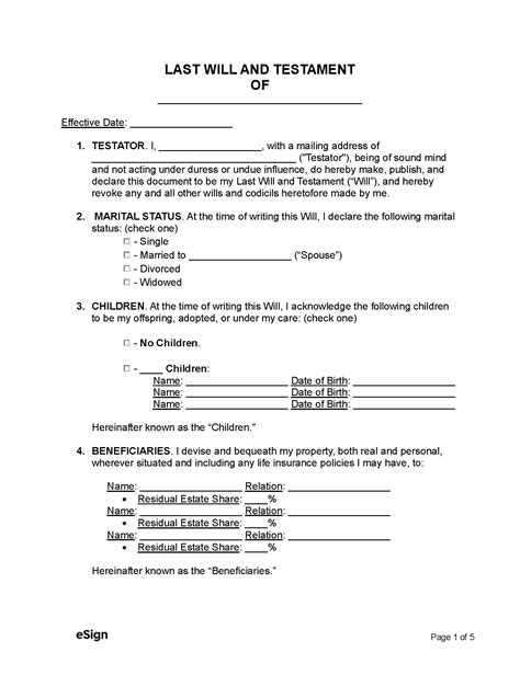 Free Printable Last Will And Testamant Simple Form Generic