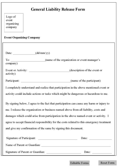 Free Printable Liability Waiver Form Template Form Generic Liability Waiver Legal Forms