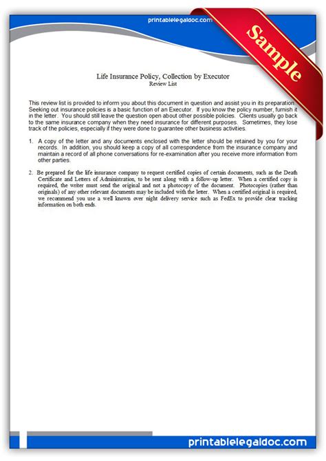 Free Printable Life Insurance Policy Collection By Executor Form Generic