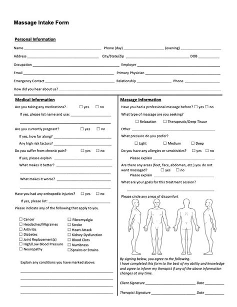 Free Printable Massage Therapy Intake Form Printable Forms Free Online