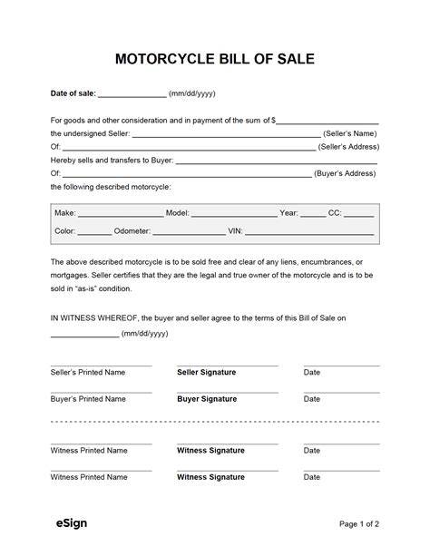 Free Printable Motorcycle Bill Of Sale Form Generic