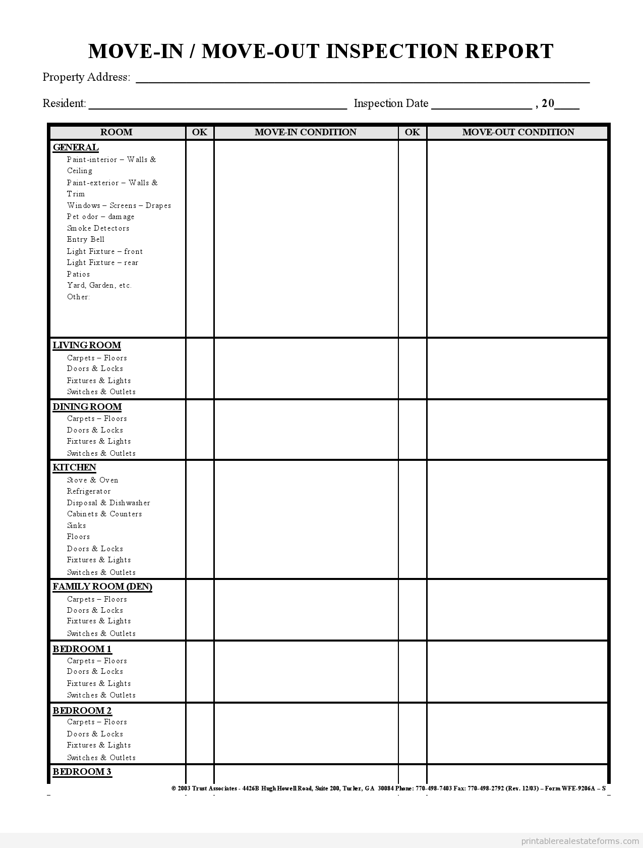 Free Printable Move In Move Out Inspection Form Basic