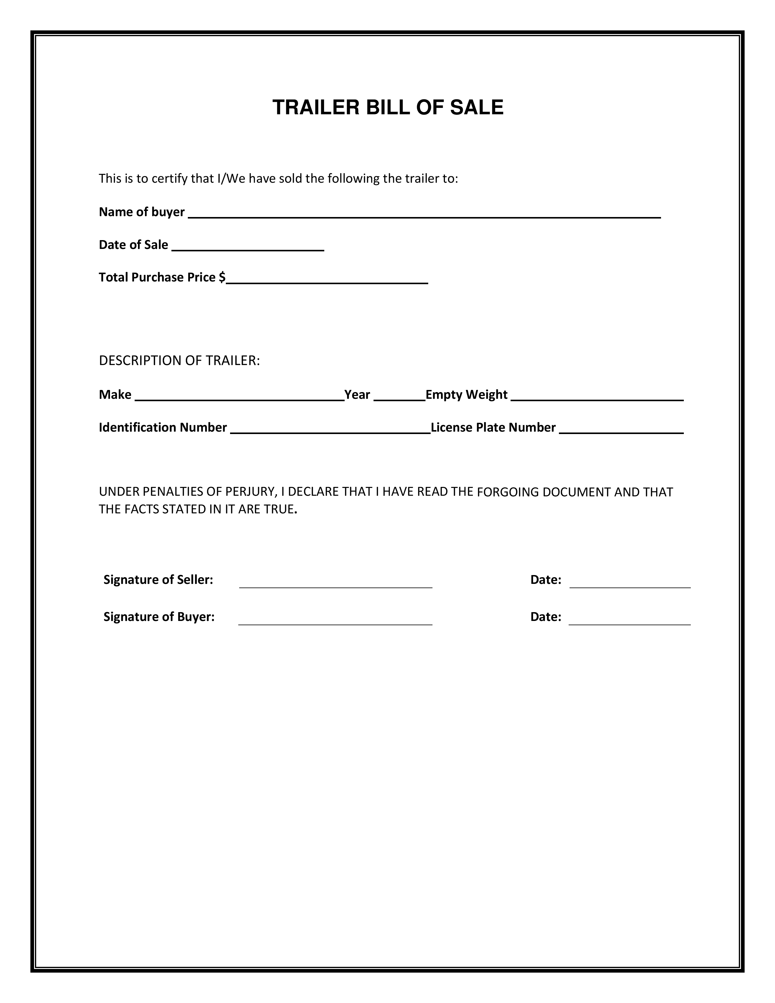 Free Printable Printable Bill Of Sale For Travel Trailer Form Generic