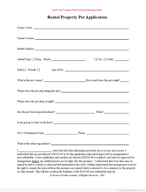 Free Printable Rental Pet Application Form Pdf Amp Word