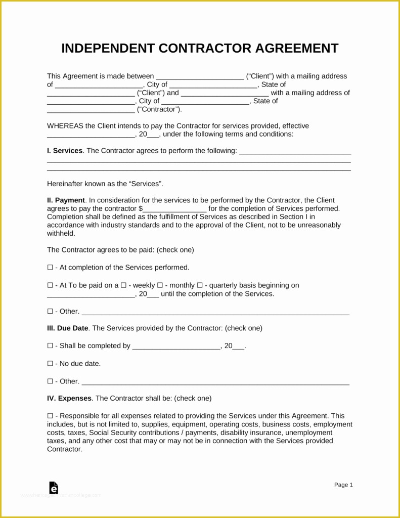 Free Printable Simple Contractor Agreement Template