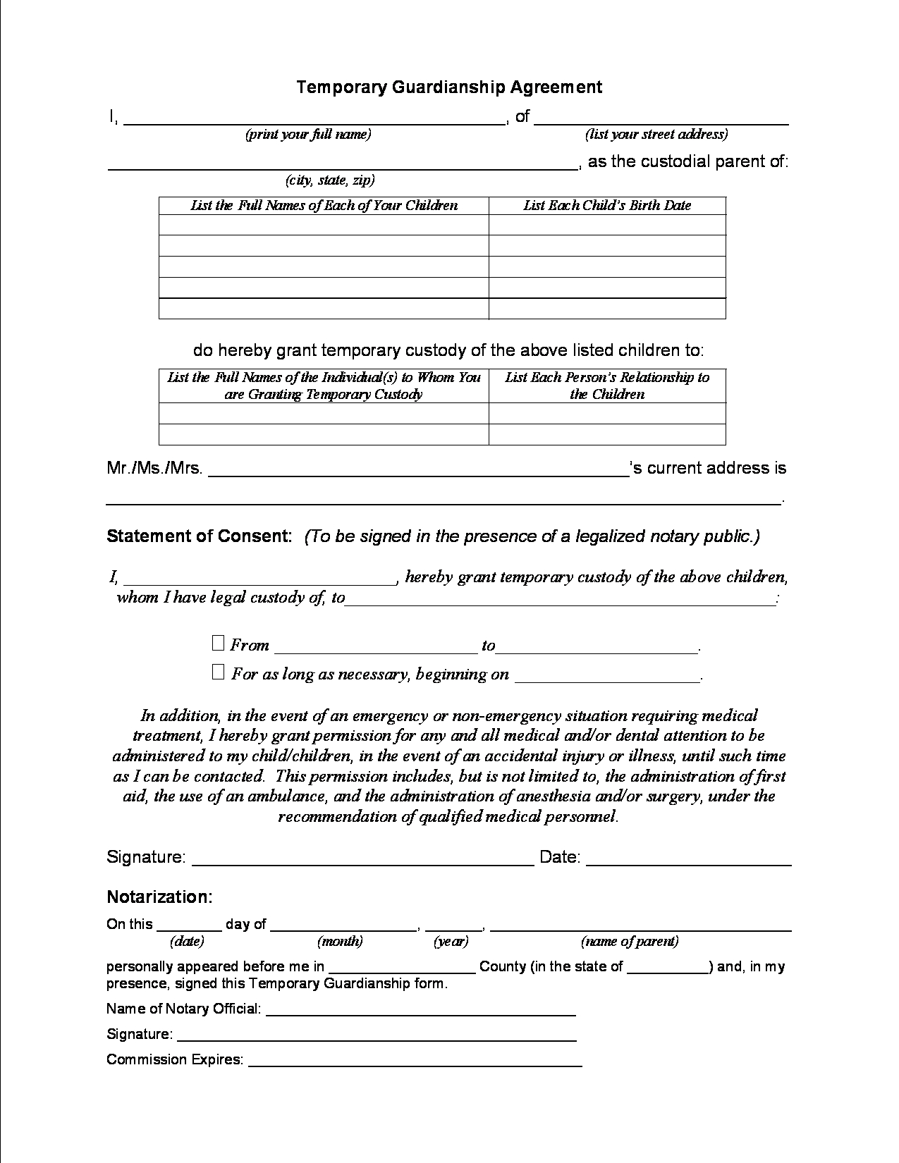 Free Printable Temporary Child Custody Forms Printable Forms Free Online