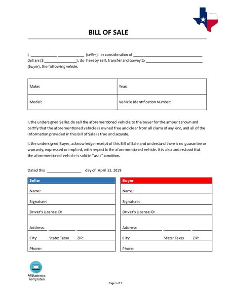 Free Printable Texas Bill Of Sale Form