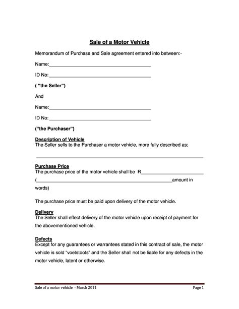 Free Printable Vehicle Purchase Agreement Templates Pdf Word